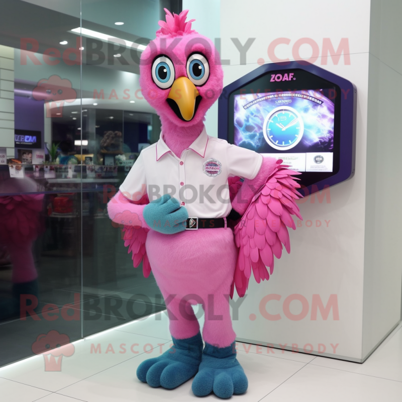 Pink Peacock mascot costume character dressed with a Polo Shirt and Digital watches