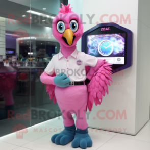 Pink Peacock mascot costume character dressed with a Polo Shirt and Digital watches