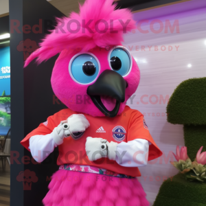 Pink Peacock mascot costume character dressed with a Polo Shirt and Digital watches