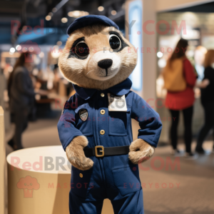 Navy Meerkat mascot costume character dressed with a Graphic Tee and Mittens