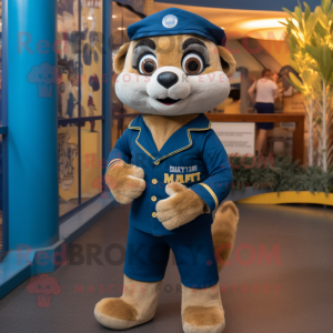 Navy Meerkat mascot costume character dressed with a Graphic Tee and Mittens