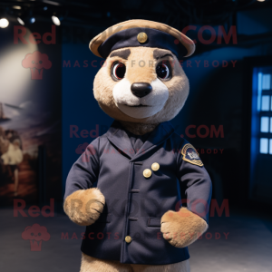 Navy Meerkat mascot costume character dressed with a Graphic Tee and Mittens
