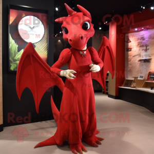 Red Pterodactyl mascot costume character dressed with a Shift Dress and Earrings