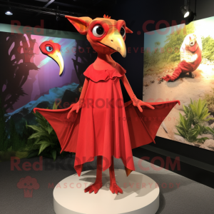 Red Pterodactyl mascot costume character dressed with a Shift Dress and Earrings