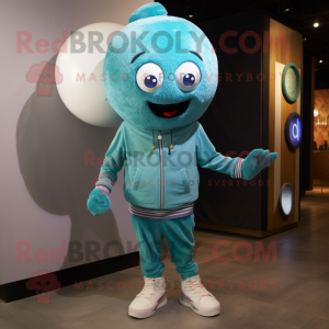 Teal Meatballs mascot costume character dressed with a Skinny Jeans and Brooches