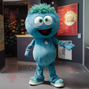 Teal Meatballs mascot costume character dressed with a Skinny Jeans and Brooches