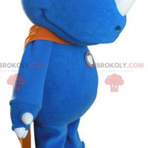 Blue rhino mascot with an orange cape - Redbrokoly.com