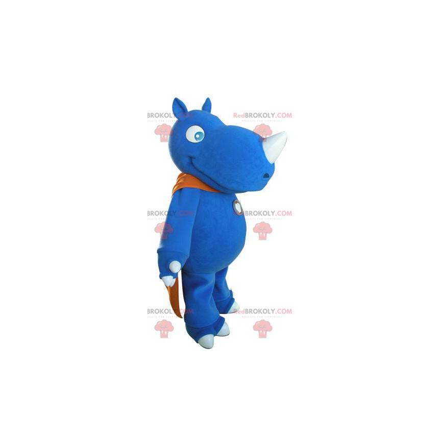 Mascotte di rinoceronte blu con un mantello arancione -