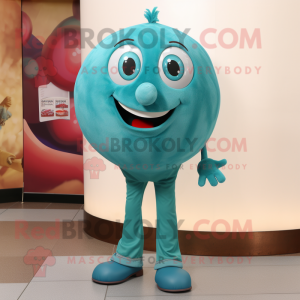 Teal Meatballs mascot costume character dressed with a Skinny Jeans and Brooches