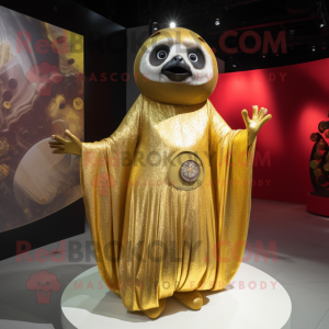 Gold Sloth mascot costume character dressed with a Ball Gown and Keychains