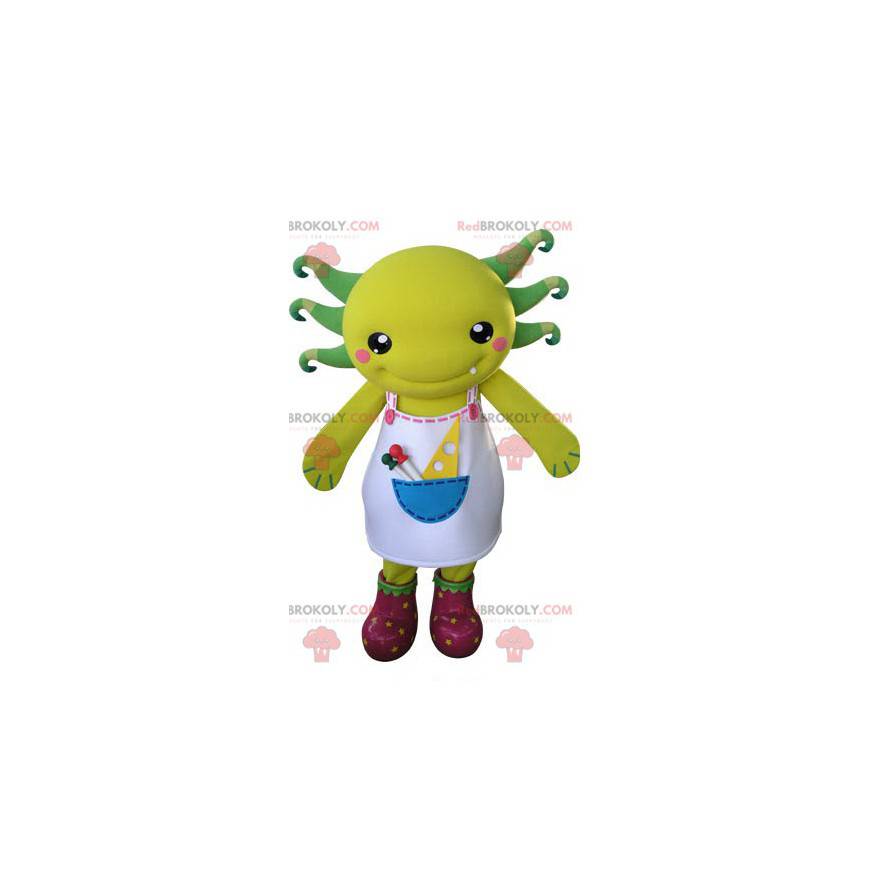 Criatura mascote amarela e verde com avental - Redbrokoly.com