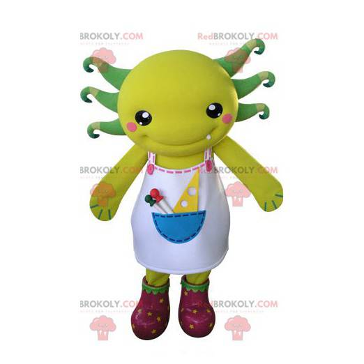 Geel en groen schepsel mascotte met een schort - Redbrokoly.com