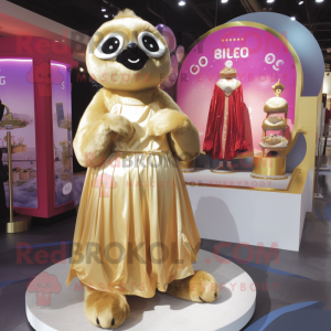 Gold Sloth mascot costume character dressed with a Ball Gown and Keychains
