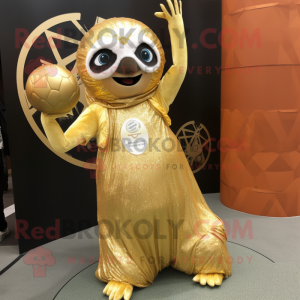 Gold Sloth mascot costume character dressed with a Ball Gown and Keychains