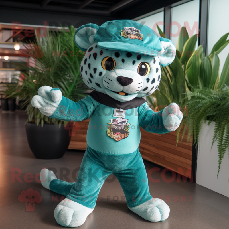 Teal Jaguar mascot costume character dressed with a Romper and Caps Teal Jaguar mascot costume character dressed with a Romper and Caps