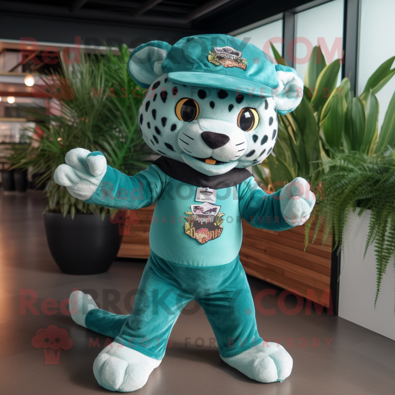 Teal Jaguar mascot costume character dressed with a Romper and Caps