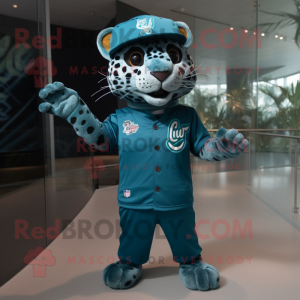 Teal Jaguar mascot costume character dressed with a Romper and Caps