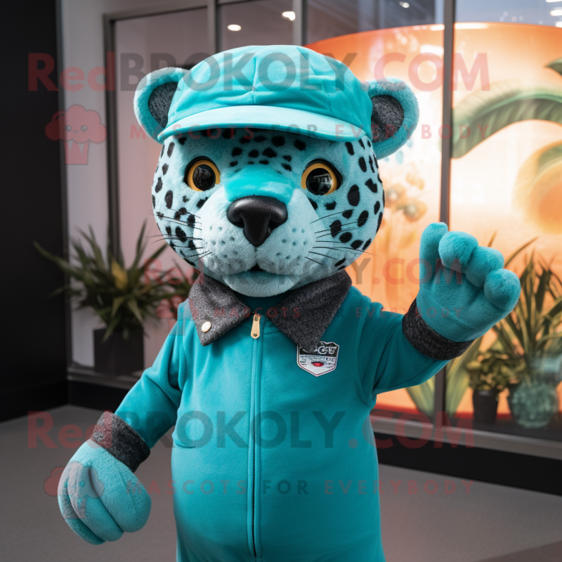 Teal Jaguar mascot costume character dressed with a Romper and Caps