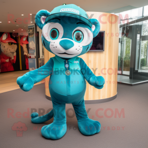 Teal Jaguar mascot costume character dressed with a Romper and Caps