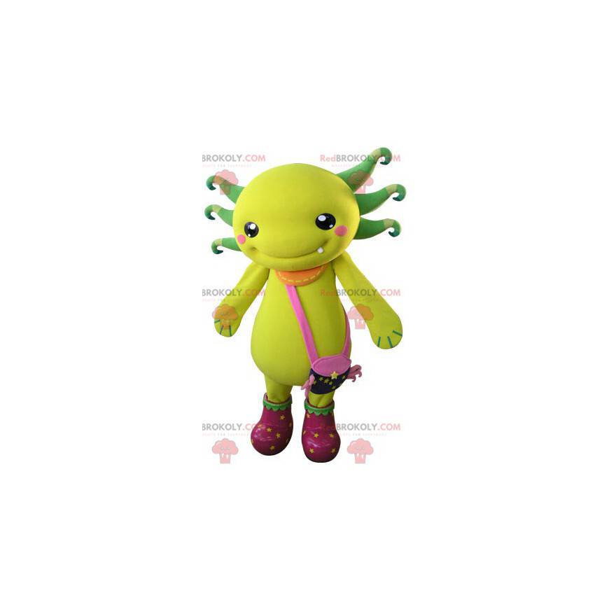 Yellow and green creature mascot with a shoulder bag -