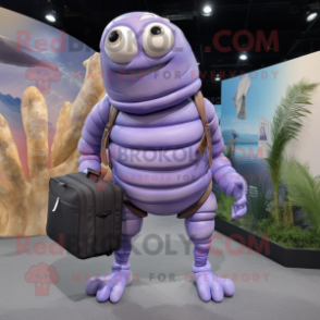 Lavender Trilobite mascot costume character dressed with a Board Shorts and Handbags