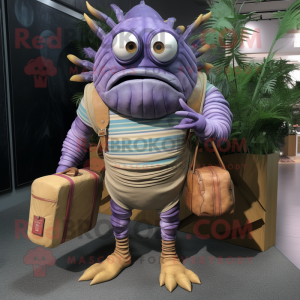 Lavender Trilobite mascot costume character dressed with a Board Shorts and Handbags