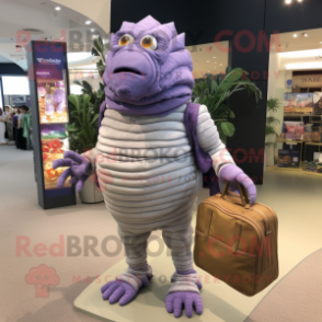 Lavender Trilobite mascot costume character dressed with a Board Shorts and Handbags