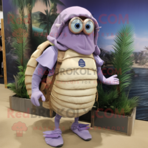 Lavender Trilobite mascot costume character dressed with a Board Shorts and Handbags