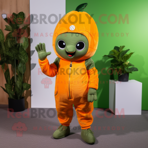 Olive Orange mascot costume character dressed with a Jumpsuit and Mittens