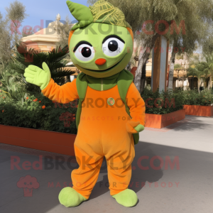Olive Orange mascot costume character dressed with a Jumpsuit and Mittens