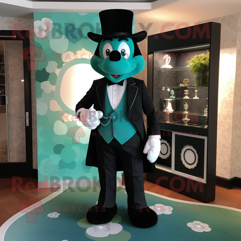 Teal Four Leaf Clover mascot costume character dressed with a Tuxedo and Cufflinks Teal Four Leaf Clover mascot costume character dressed with a Tuxedo and Cufflinks
