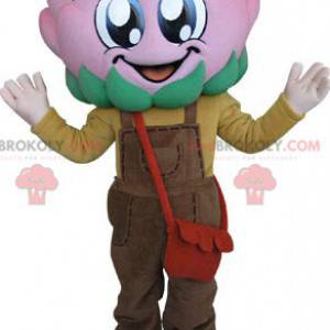 Roze kool bloem mascotte met overall - Redbrokoly.com