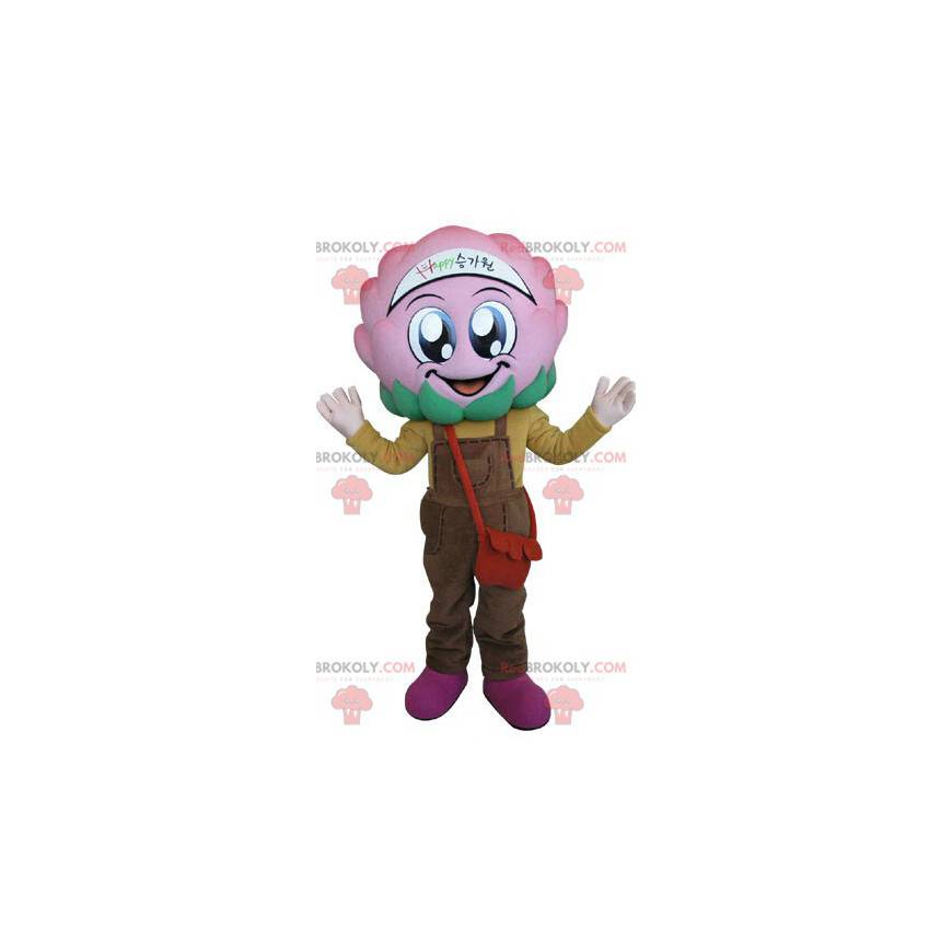 Roze kool bloem mascotte met overall - Redbrokoly.com