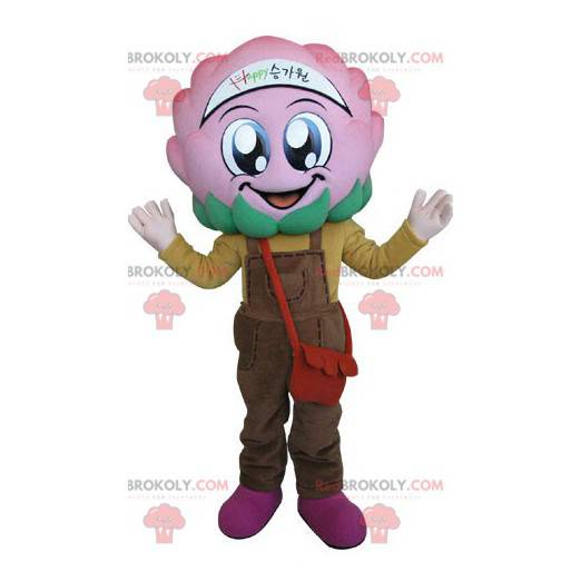 Mascote de flor de repolho rosa com macacão - Redbrokoly.com