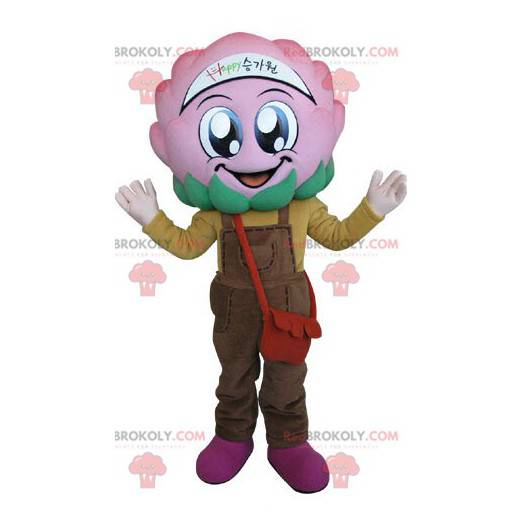 Roze kool bloem mascotte met overall - Redbrokoly.com