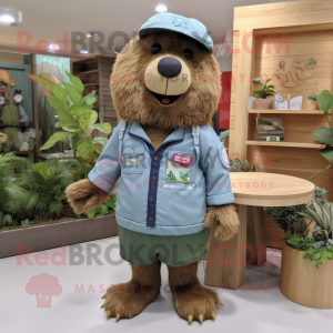 Olive Beaver mascot costume character dressed with a Denim Shorts and Lapel pins