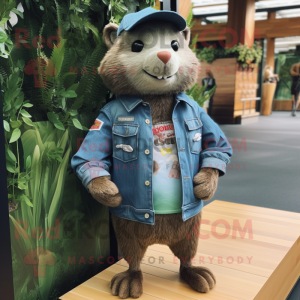 Olive Beaver mascot costume character dressed with a Denim Shorts and Lapel pins