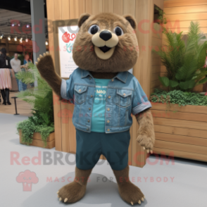 Olive Beaver mascot costume character dressed with a Denim Shorts and Lapel pins