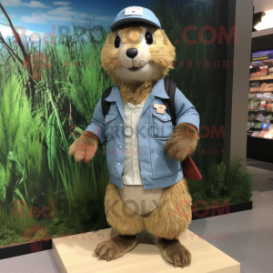 Olive Beaver mascot costume character dressed with a Denim Shorts and Lapel pins