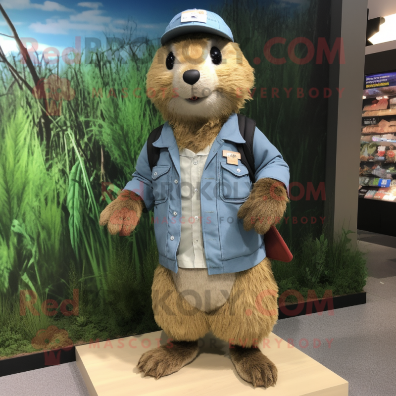 Olive Beaver mascot costume character dressed with a Denim Shorts and Lapel pins Olive Beaver mascot costume character dressed with a Denim Shorts and Lapel pins
