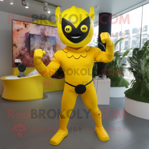 Yellow Superhero mascot costume character dressed with a Suit Pants and Hairpins