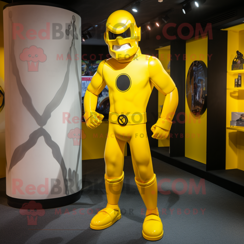Yellow Superhero mascot costume character dressed with a Suit Pants and Hairpins Yellow Superhero mascot costume character dressed with a Suit Pants and Hairpins