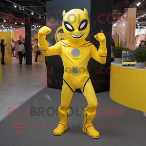 Yellow Superhero mascot costume character dressed with a Suit Pants and Hairpins