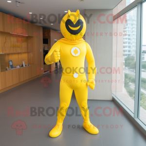 Yellow Superhero mascot costume character dressed with a Suit Pants and Hairpins