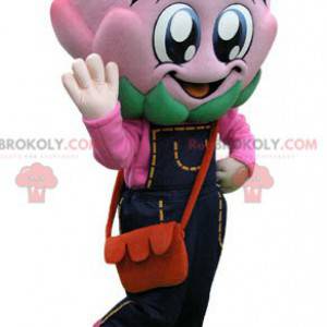 Mascotte de chou d'artichaut rose avec une salopette -