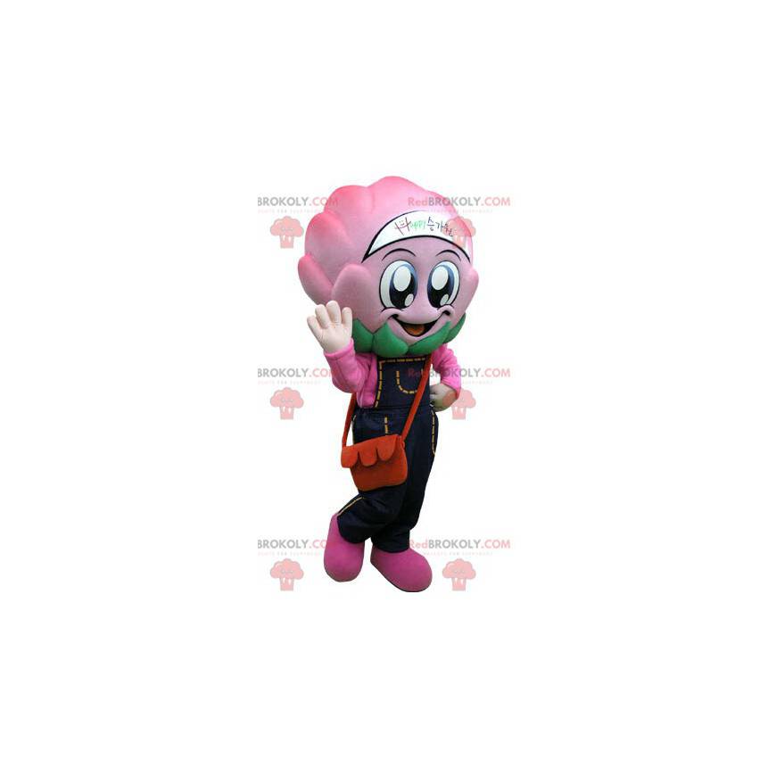 Mascotte de chou d'artichaut rose avec une salopette -