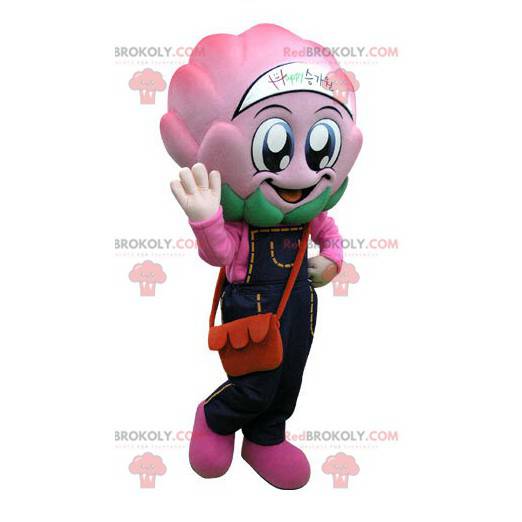 Mascote alcachofra rosa com macacão - Redbrokoly.com