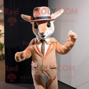 Peach Kangaroo mascot costume character dressed with a Suit Jacket and Hat pins