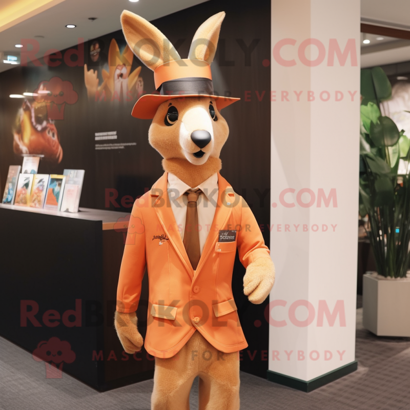 Peach Kangaroo mascot costume character dressed with a Suit Jacket and Hat pins