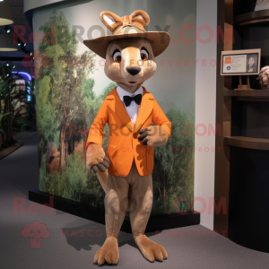 Peach Kangaroo mascot costume character dressed with a Suit Jacket and Hat pins